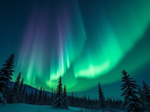 밤하늘에 펼쳐진 화려한 북극광 오로라.