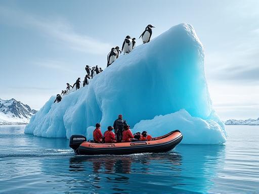 거대한 빙산 옆을 지나는 조디악 보트와 펭귄 무리.