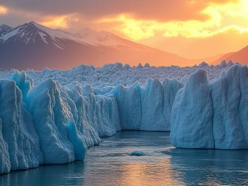 일몰 빛을 받아 빛나는 파타고니아의 페리토 모레노 빙하.