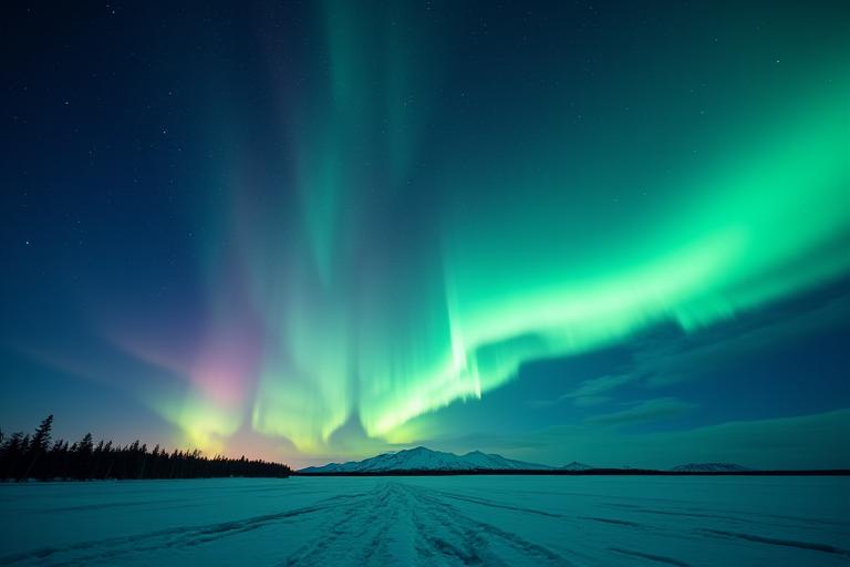 얼어붙은 하늘에 펼쳐진 화려한 오로라 보레알리스.