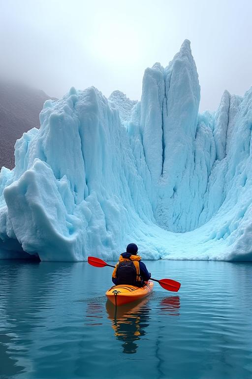 거대한 빙하 앞에서 카약을 즐기는 탐험가.