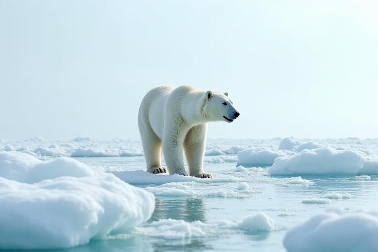 유빙 위를 걷고 있는 북극곰 한 마리.