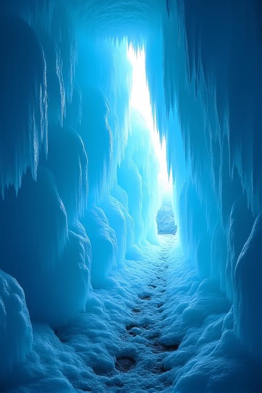 푸른 빛이 감도는 아이슬란드의 신비로운 얼음 동굴 내부.