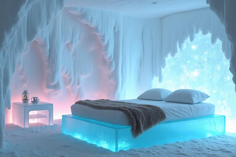 얼음으로 조각된 침대와 가구가 있는 아이스 호텔 객실.
