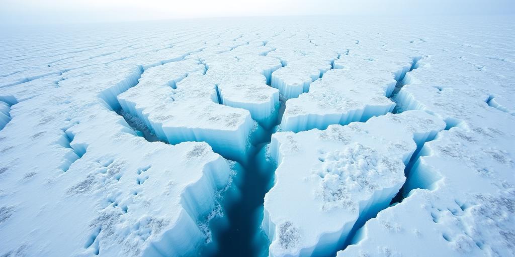광활한 북극 빙하의 항공 촬영 모습.