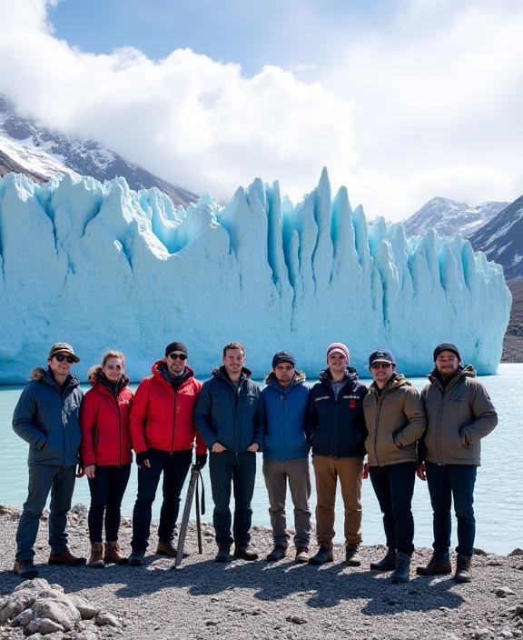 Nunggot Travel 탐험대원들이 빙하 앞에서 포즈를 취하고 있다.